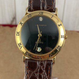 Vintage JB Champion Gold High Dome Crystal Watch  Diamond Date  Brown Strap